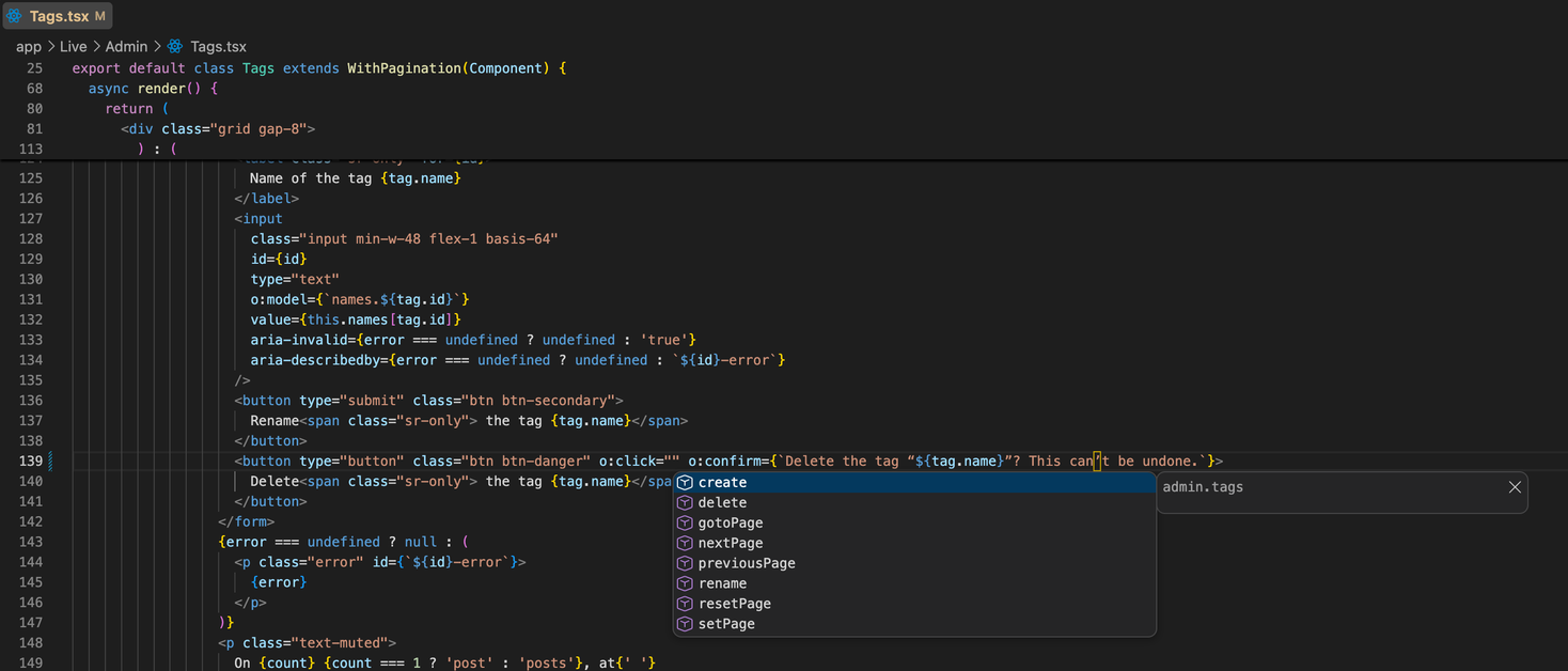 o:click completes the Live component's actions