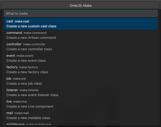 OrielJS: Make… lists the app's generators, each with its description