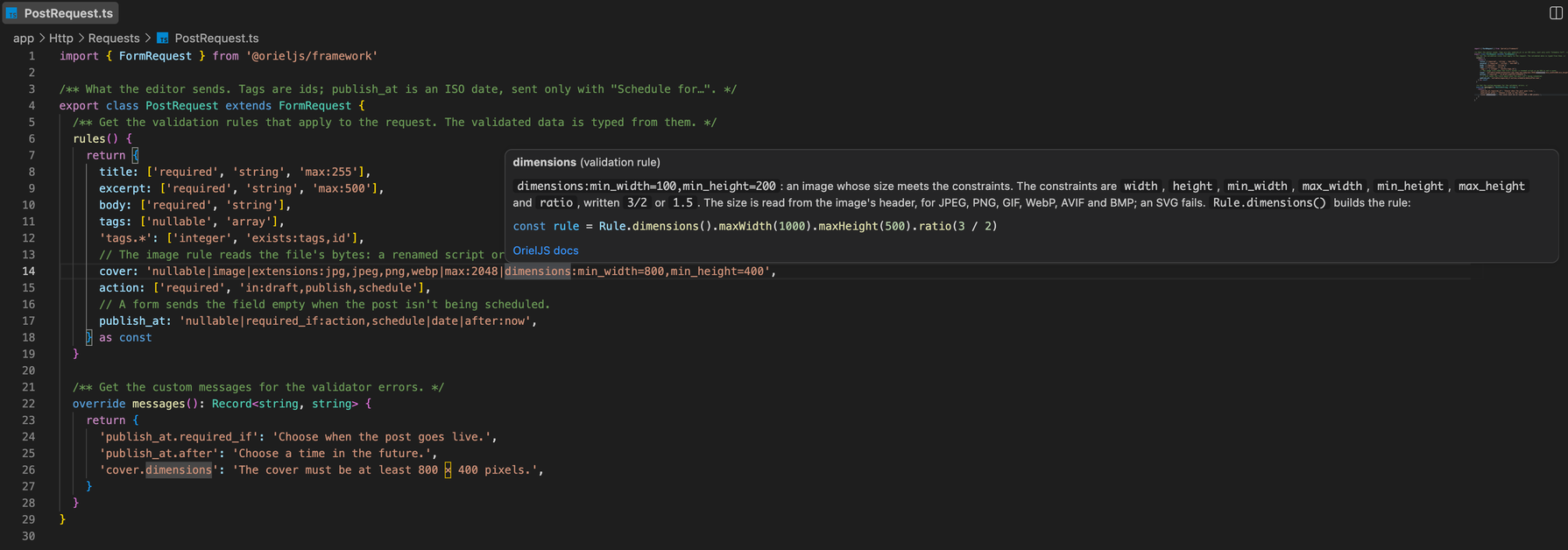 A rule's hover shows its docs, with a link to the docs site