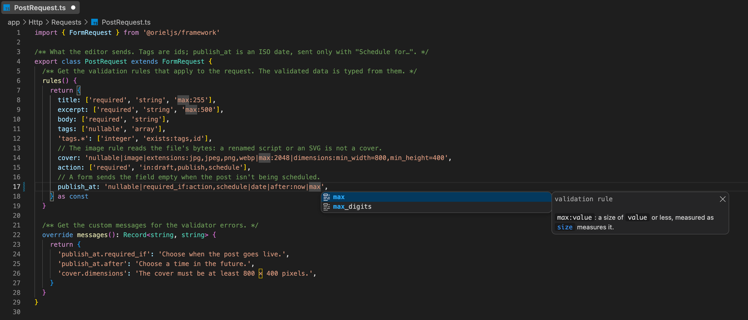 Rule names complete in a form request's rules(), each with its docs